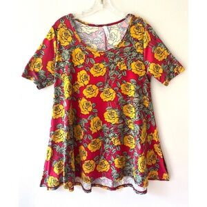 LuLaRoe Sz XS Oversized Classic Long Shirt Red Floral Stretch Top Scoop Neck